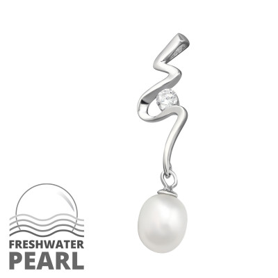 Wave Sterling Silver Pendant with Cubic Zirconia and Pearl