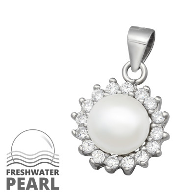 Round Sterling Silver Pendant with Cubic Zirconia and Pearl