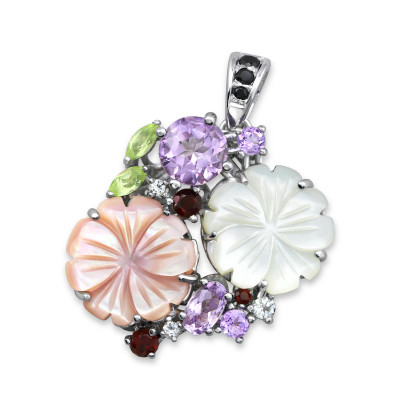 Floral Sterling Silver Pendant with Semi Precious and Shell/Imitation Stone