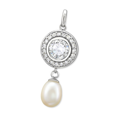 Round Sterling Silver Pendant with Cubic Zirconia and Pearl