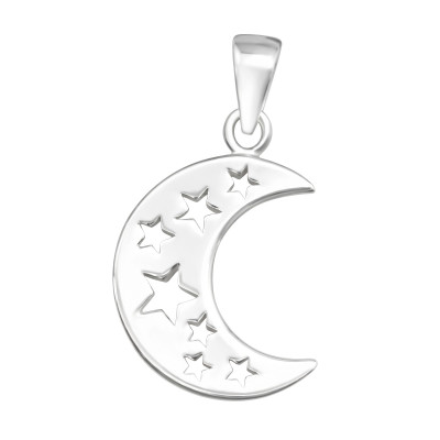 Silver Crescent Moon and Stars Pendant