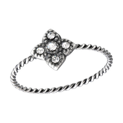 Silver Flower Ring with Crystal