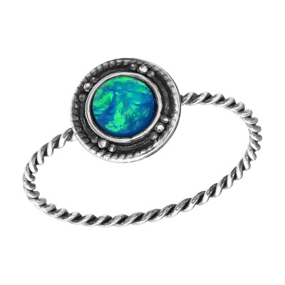 Silver Round Ring with Synthetic Blue Opal