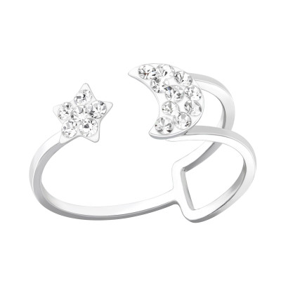 Silver Star and Moon Ring with Crystal