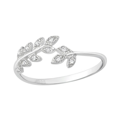 Silver Leaf Ring with Cubic Zirconia