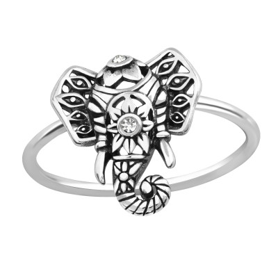 Silver Elephant Ring with Crystal