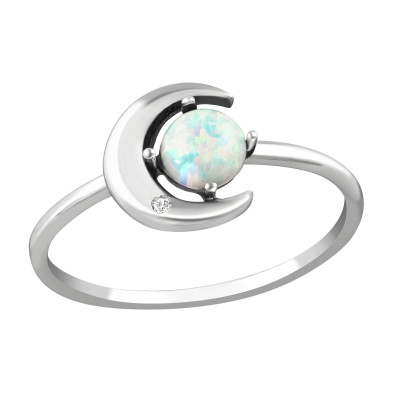 Silver Moon Ring with Cubic Zirconia and synthetic Opal