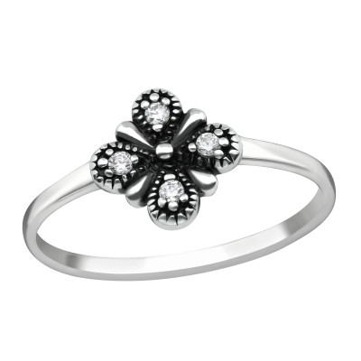 Silver Flower Ring with Cubic Zirconia