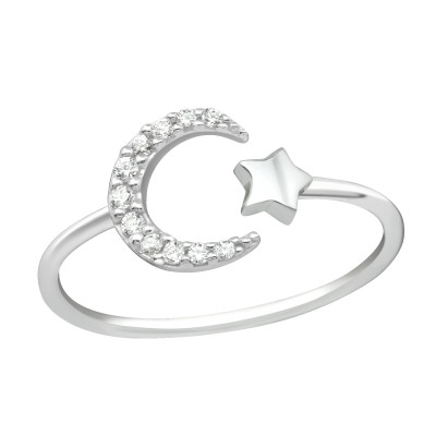 Silver Moon and Star Ring with Cubic Zirconia