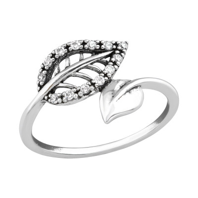 Silver Leaf Ring with Cubic Zirconia