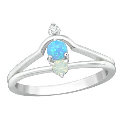 Silver Geometric Ring with Cubic Zirconia,Crystal and Opal