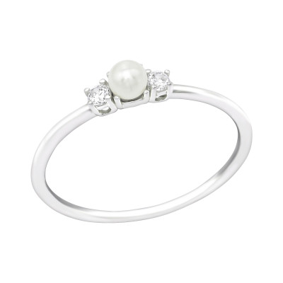 Silver Double Stone Ring with Cubic Zirconia and Synthetic Pearl