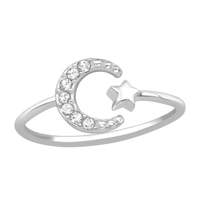 Silver Moon and Star Ring with Genuine European Crystals