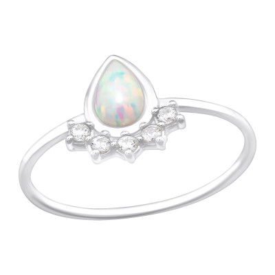 Silver Pear Ring with Cubic Zirconia and Synthetic Opal