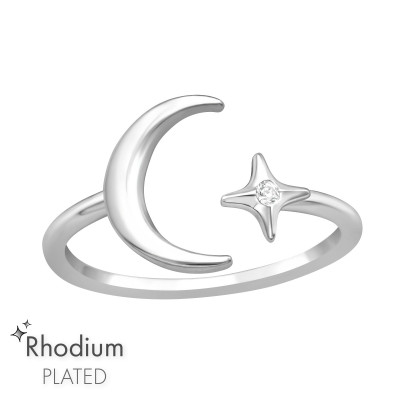 Crescent Moon and Star Sterling Silver Ring with Cubic Zirconia
