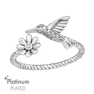 Bird and Flower Sterling Silver Ring with Cubic Zirconia