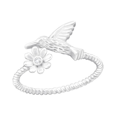 Silver Flower and Bird Ring with Cubic Zirconia