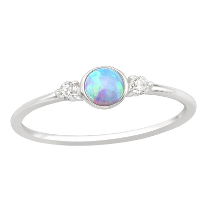 Silver Round Ring with Cubic Zirconia and Synthetic Opal