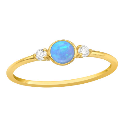 Silver Round Ring with Cubic Zirconia and Synthetic Opal