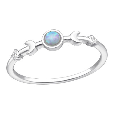 Silver Moon and Star Ring with Cubic Zirconia and Synthetic Opal