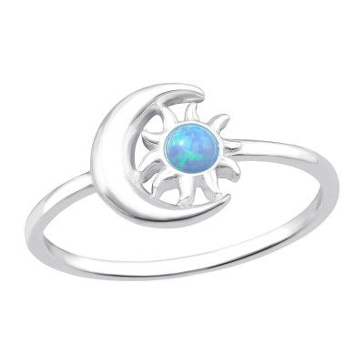 Silver Moon and Star Ring with Synthetic Opal