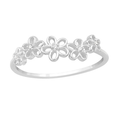 Silver Connected Flowers Ring with Cubic Zirconia