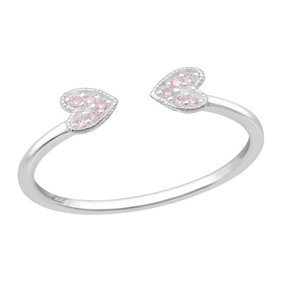 Double Heart Sterling Silver Open Ring with Cubic Zirconia