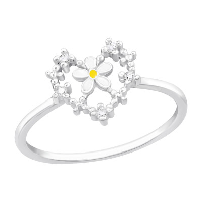 Flower In Heart Sterling Silver Ring with Cubic Zirconia and Epoxy