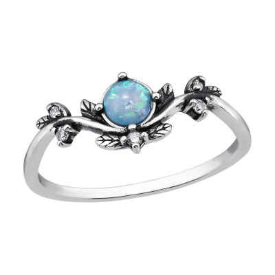 Leaf Sterling Silver Ring with Cubic Zirconia and Imitation Opal