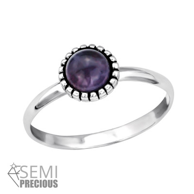 Silver Round Ring with Amethyst Semi Precious Natural Stone