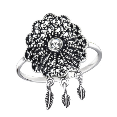 Silver Flower Ring with Crystal and Hanging Feathers Sterling Silver Ring with Crystal