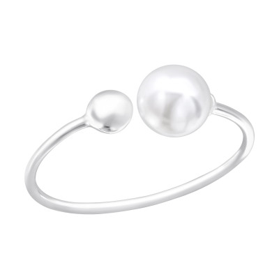 Silver Double Ball Ring with Synthetic Pearl