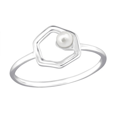 Silver Hexagon Ring with Synthetic Pearl