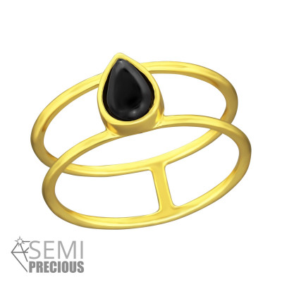 Silver Double Line Ring with Black Onyx Semi Precious Natural Stone