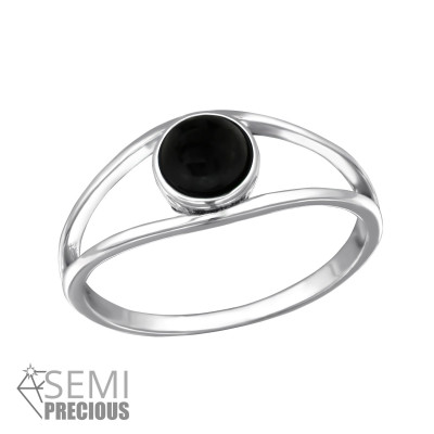 Silver Double Line Ring with Black Onyx Semi Precious Natural Stone