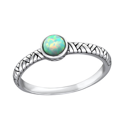 Silver Oxidized Patterned Ring with Synthetic Opal