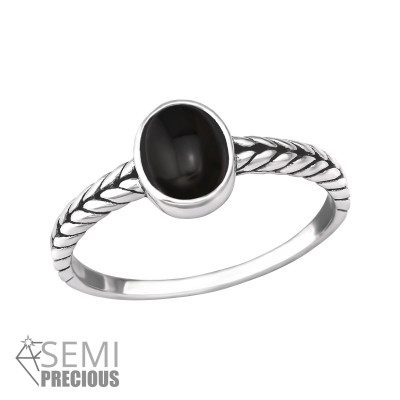 Silver Braided Ring with Black Onyx Semi Precious Natural Stone