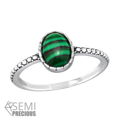 Silver Ring with an Oval Malachite Semi Precious Natural Stone