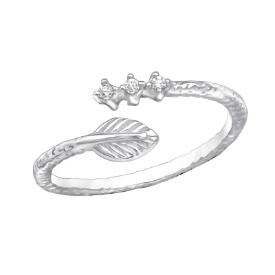 Silver Open Leaf Ring with Cubic Zirconia