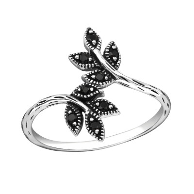 Silver Leaf Ring with Black Spinel