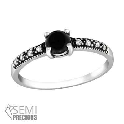 Silver Solitaire Ring with Cubic Zirconia and Black Onyx Semi Precious Natural Stone
