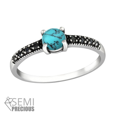 Silver Solitaire Ring with Imitation Turquoise and Black Spinel