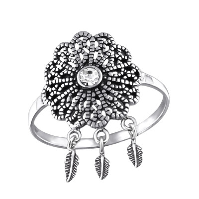 Silver Vintage Ring with Crystal and Hanging Feathers