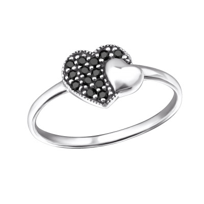 Silver Double Heart Ring with Black Spinel