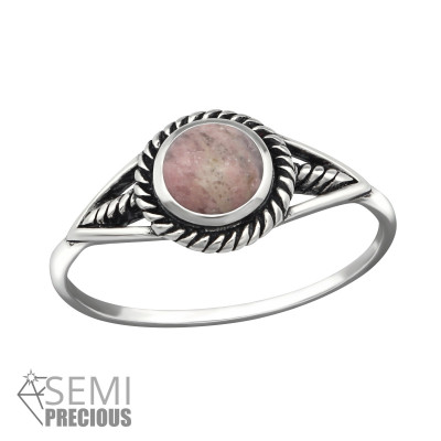 Silver Round Ring with Rhodonite Semi Precious