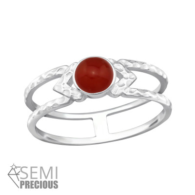 Silver Double Line Ring with Red Onyx