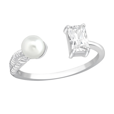 Silver Open Ring with Cubic Zirconia and Synthetic Pearl