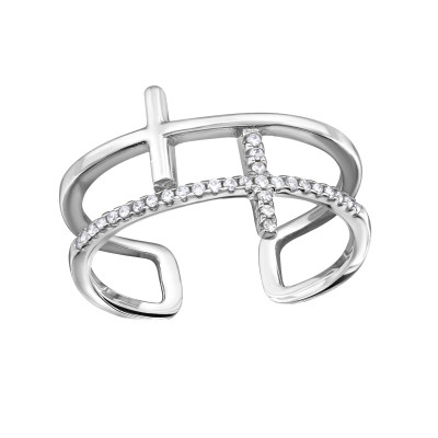 Double Cross Sterling Silver Ring with Cubic Zirconia