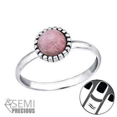 Silver Round Midi Ring with Rhodonite Semi Precious Natural Stone