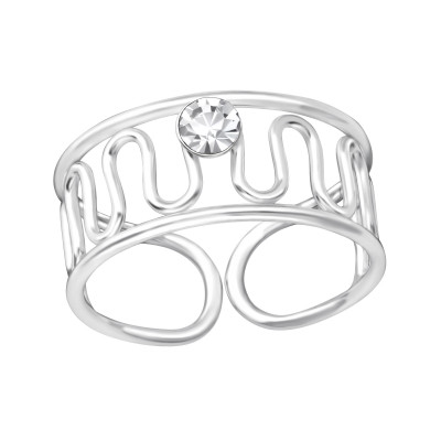 Silver Patterned Adjustable Toe Ring with Crystal